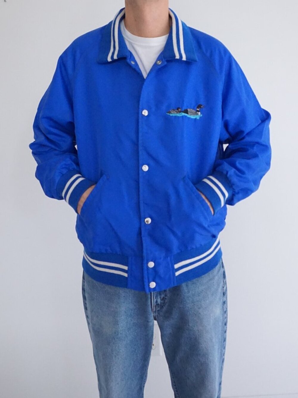 '80s Micor Royal Blue Loons Embroidered Striped Snap Front Varsity Jacket (46) L